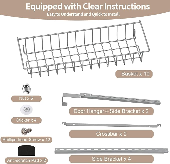 ElegantArray 10-Tier Pantry Door Oragnizer, Over The Door Pantry Organizer Rack and Storage, Hanging Spice Rack Shelves Door, Home Office Laundry Room Bathroom & Kitchen Organization, Light Gray