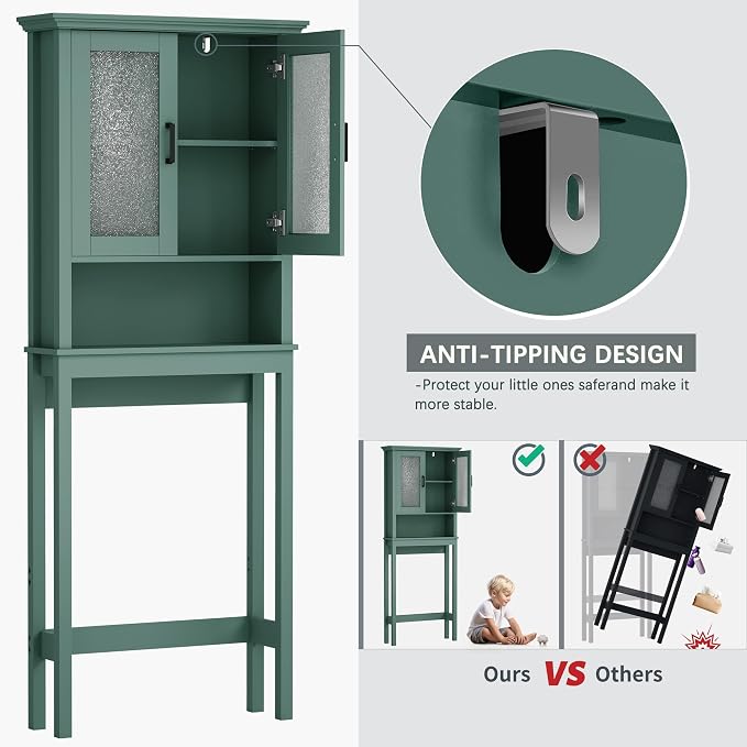 Over The Toilet Storage Cabinet, Over Toilet Bathroom Organizer with Glass Doors and Adjustable Shelf, Thicken Frame Above Toilet Storage Cabinet Behind Toilet Bathroom Organizer, Halcyon Green