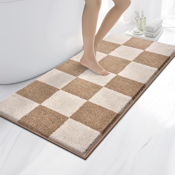 anllugs Bathroom Rugs 24" x 60", Non-Slip Extra Soft Absorbent Bath Rugs, Machine Washable Quick Dry Bath Mats for Bathroom Floor, Shower, Bathtub and Sink, Checkered Beige & Grayish Brown