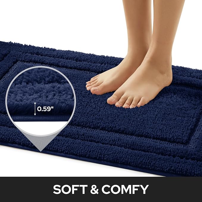 HOMEIDEAS Bathroom Rugs Sets 2 Piece, Super Soft and Absorbent Non Slip Microfiber Machine Washable Bath Mat Set (20" x 32" + 16" x 24", Navy Blue)