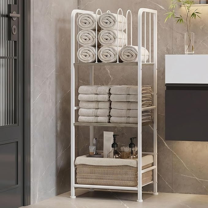 Towel Rack Free Standing 3-Tier M-Shaped Detachable Dividers, Durable Metal Holder, Pool Towel Rack, Space-Saving Towel Storage Organizer, Modern Bath Towel Shelf for Home, Poolside, White