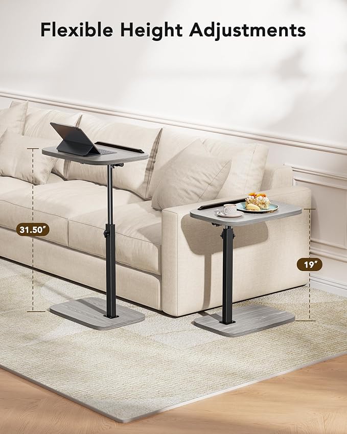 HUANUO TV Tray Table，Adjustable Height TV Tray with 360° Swivel & 90° Tilt, Sturdy Side Table with Anti-Slip Bar for Laptop, Eating, Space-Saving Side Table for Couch, Bedside, Living Room