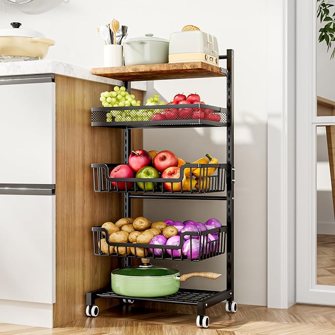 HapiRm Fruit Basket Kitchen Cart - Floor 5 Tier Adjustable Fruit and Vegetable Storage Rack, Large Capacity Rolling Kitchen Carts on Wheels for Pantry Snack Potato and Onion Storage