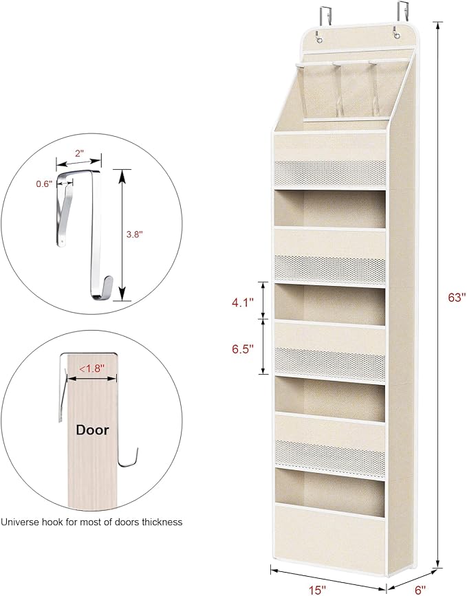 Univivi 6-Shelf Over Door Hanging Organizer Fabric Baby Door Storage with 5 Extra Large Capacity Pockets Behind the Door Hanging Storage Organizers Easy Install Door Storage for Baby Essential (Beige)