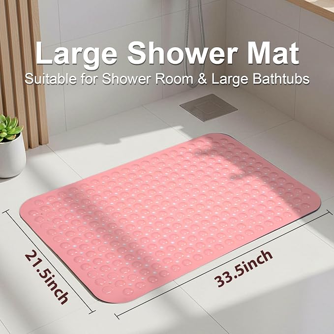 Large Shower Mat 21.5x33.5 Inch Pink, Soft Non Slip Shower Mats for Inside Shower with Big Suction Cups Drain Holes, Extra Large Bath Bathtub Mat Floor Stall Mats, BPA-Free, Easy Clean