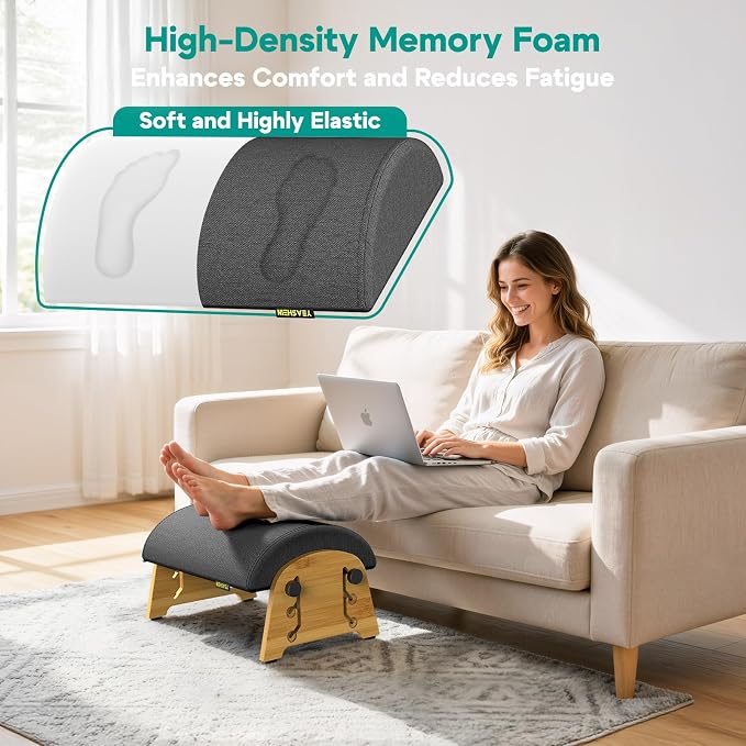 YEASHEIN Ergonomic Foot Rest Under Desk at Work, Bamboo Wood Adjustable Foot Stool Under Desk with 6 Positions, Office Footrests with Memory Foam, Leg Rest Used for Car, Home, PC Gaming Accessories