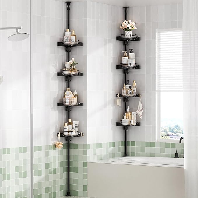 akinbas 360° Rotating Shower Caddy Tension Pole with 4-Tier Rustproof Lazy Susan 35-128 Inch No Drilling Coner Shelves Adjustable Shower Rack for Bathroom Bathtub Washbasin Plant Storage (Black)