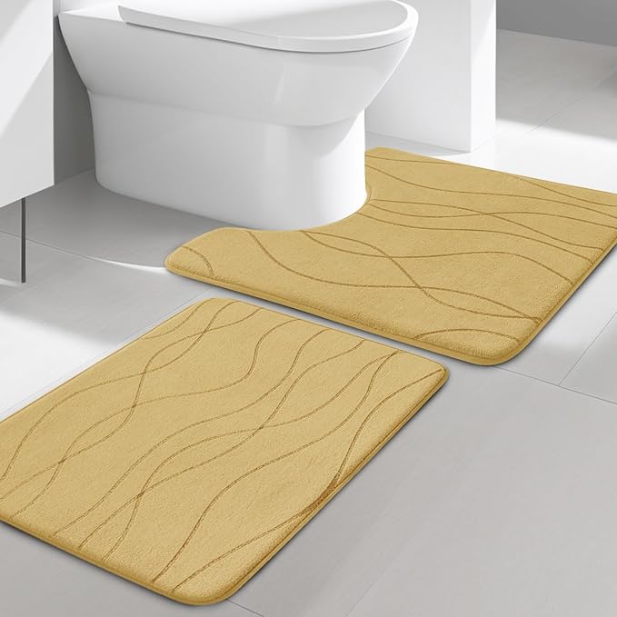 YIHOUSE Memory Foam Bathroom Rug Sets, 2 Piece, Beige-U Shape & Small Mat | Ultra Soft, Absorbent, Non-Slip, Machine Washable