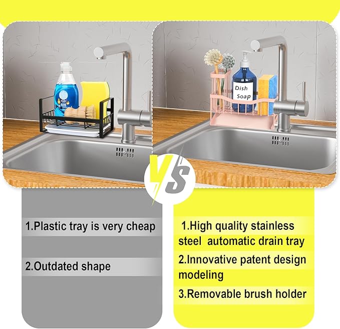 Fssvcd Maifan Sink Caddy Sponge Holder for Kitchen with Brush Holder and Stainless Steel Self Drain Tray, Rustproof Kitchen Sink Organizer for Sponge, Soap Dispenser Storage Accessories Pinky White