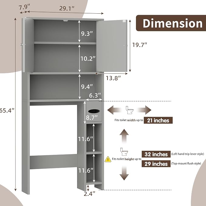 Shintenchi Over the Toilet Storage Cabinet, Bathroom Storage Cabient with Barn Doors, Bathroom Storage Shelf Organizer with Toilet Paper Holder, Adjustable Shelf and Anti-Tip Device, Gray