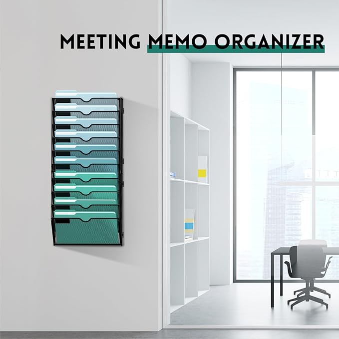 SUPEASY 10-Tier Wall File Organizer, Hanging Wall Files for Papers, Folders, Magazines, Clipboard, Wall Organizer for Office Home School Classroom, Black