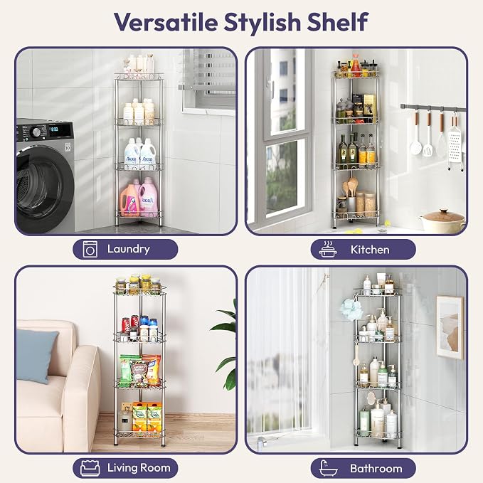 SWTYMIKI Standing Shower Caddy Corner - 4‑Tier Stainless Steel Shower Organizer Shelf with 12 Hooks and Adhesive Pads, Rustproof Corner Shelves Stand Rack for Bathroom Shower Room, Silver