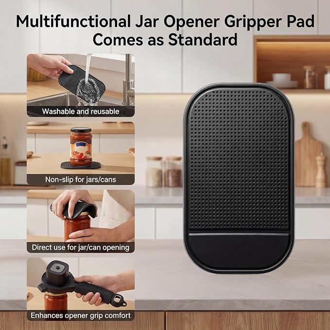 Electric Jar Opener for Seniors with Arthritis, TFCC & Weak Hands, Patented Power-Grip Auto-Tighten Manual Lid Opener, Rechargeable 2-in-1 Jar & Bottle Opener with Storage Hook & Non-Slip Pad(Black)