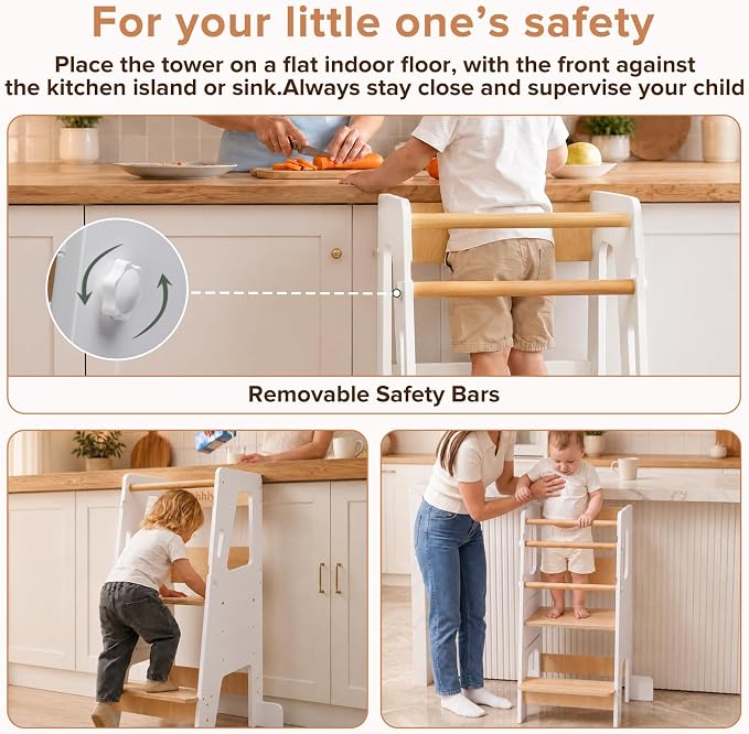 EHHLY Toddler Standing Tower Kitchen Helper – Extra Safe Adjustable 3-Level Learning Tower, Stable Wooden Toddler Kitchen Stool and Step Stool for Independent Learning (White)