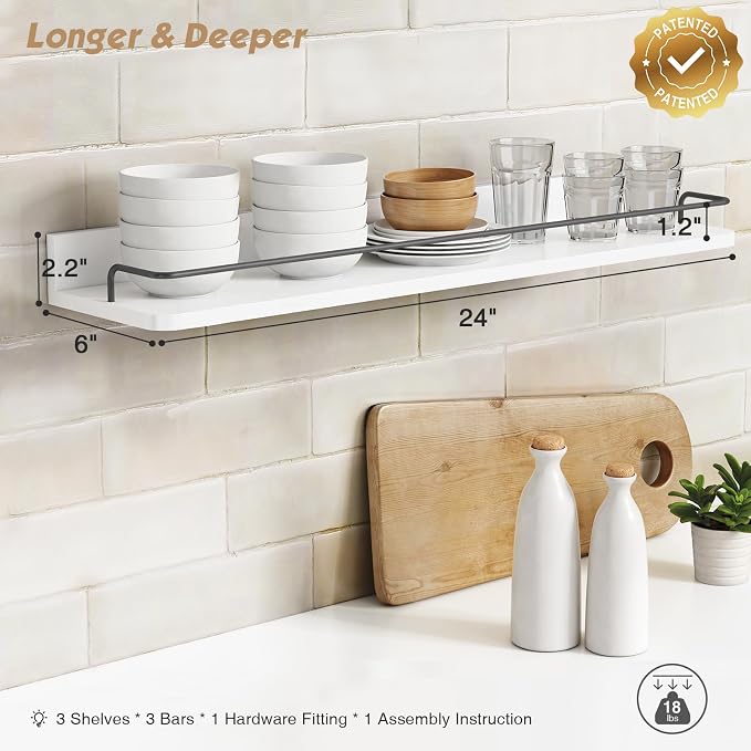 Forbena Floating Shelves for Wall 24 Inches Long, Modern White Wall Shelving Unit for Bedroom, Wood Hanging Shelf for Kitchen Bathroom Living Room Office Organizers and Storage (White and Grey)