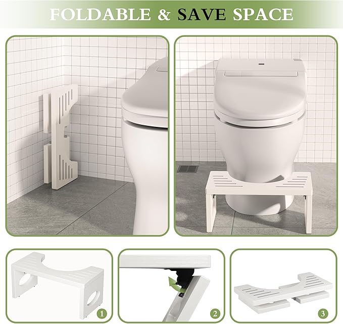 ROMGUAR CRAFT 7 Inch Bamboo Toilet Stool, Foldable Poop Stool, Bathroom Step Stool Squat (White)