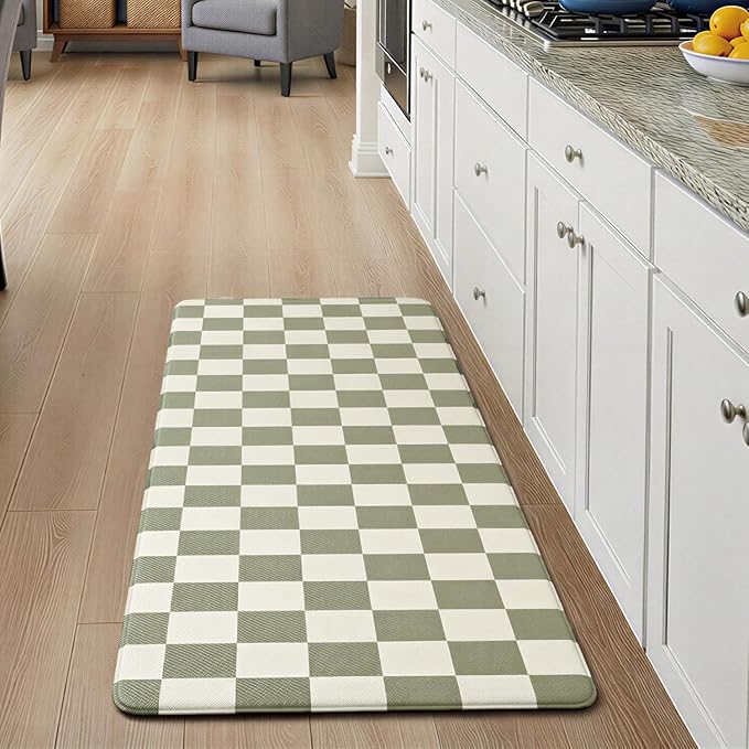 Beige Sage Checkered Grid Checkerboard Kitchen Rug Sets [1 PC], Anti-Fatigue, Waterproof Non-Slip Kitchen Mats Heavy Duty Comfort Foam Rug for Kitchen, Floor, Laundry,17"x47"