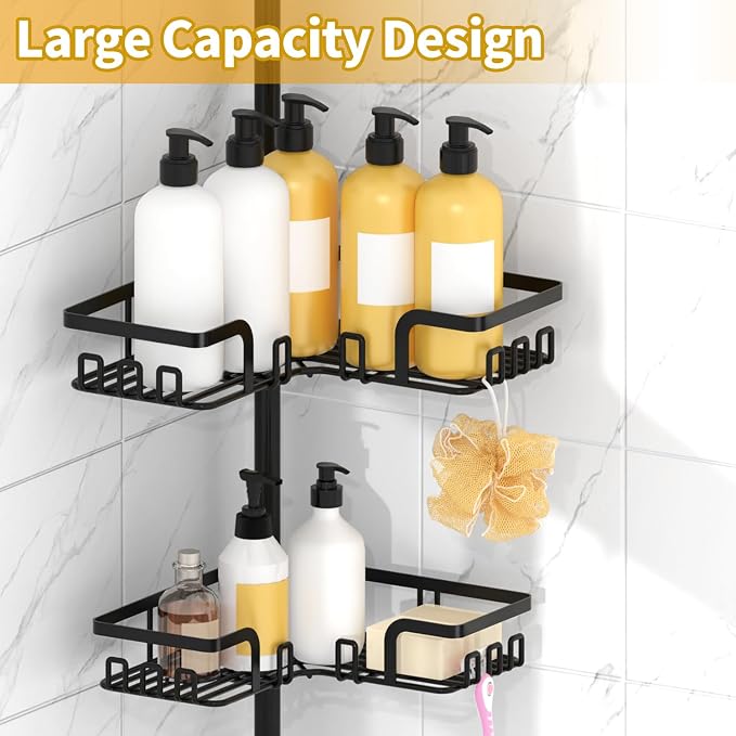 KEGII Shower Caddy Tension Pole with 2 Towel Bars, Corner Shower Organizer Shelves for Bathtub Shampoo Storage, Adjustable Shower Tension Rod with Razor Holder & Hooks