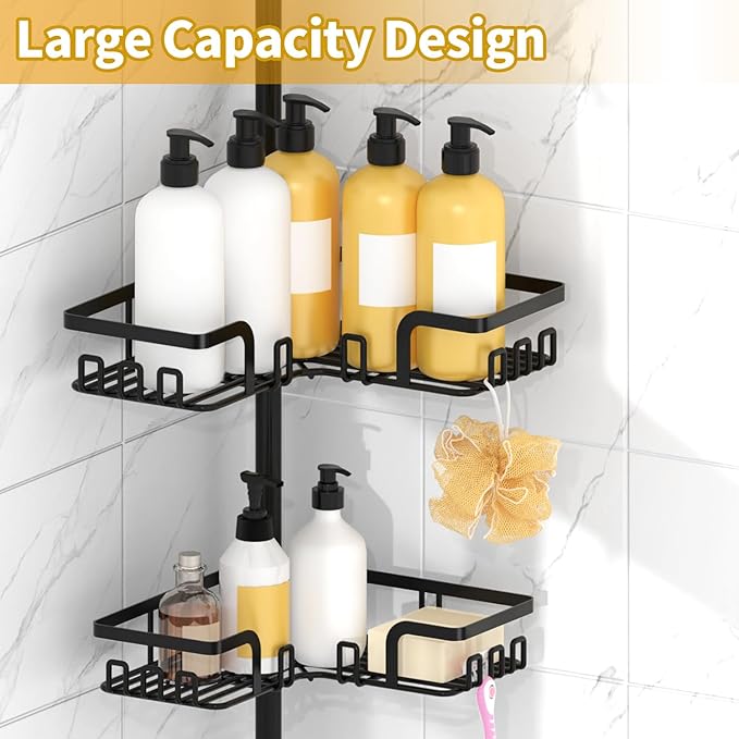 KEGII Adjustable Shower Caddy Corner Tension Pole, Rustproof Shower Rod Organizer with Hooks, Floor to Ceiling Tension Rod 25-114.2 Inch, Bathtub Storage Organizer for Shampoo, 4-Tier Black