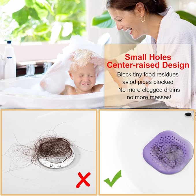 Hair Drain Catcher,Square Drain Cover for Shower Silicone Hair Stopper with Suction Cup,Easy to Install Suit for Bathroom,Bathtub,Kitchen 2 Pack (Purple)