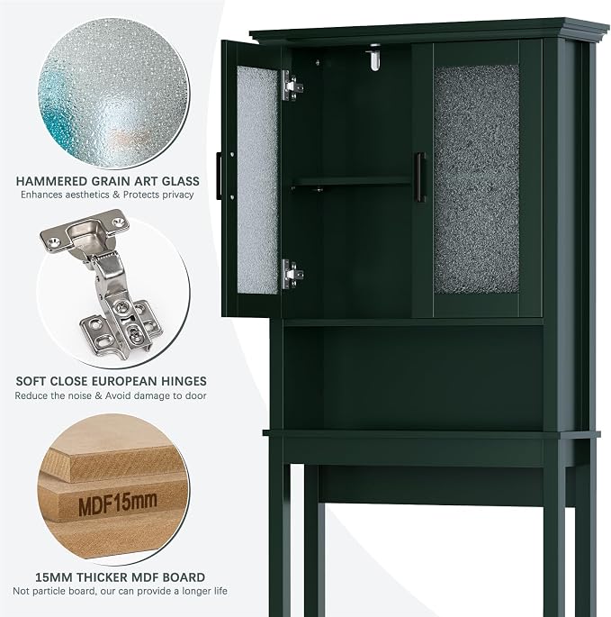 Over The Toilet Storage Cabinet, Over Toilet Storage with Glass Doors and Adjustable Shelf, Thicken Frame Above The Toilet Storage Cabinet Behind The Toilet Bathroom Organizer, Forest Green