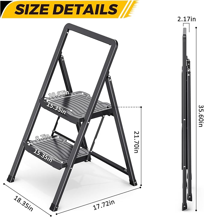 KINGRACK 2 Step Folding Ladder - Steel Step Stool with Handrail, Wide Pedal, 800 lbs Capacity – Foldable Heavy Duty Ladder for Home, Kitchen – Black