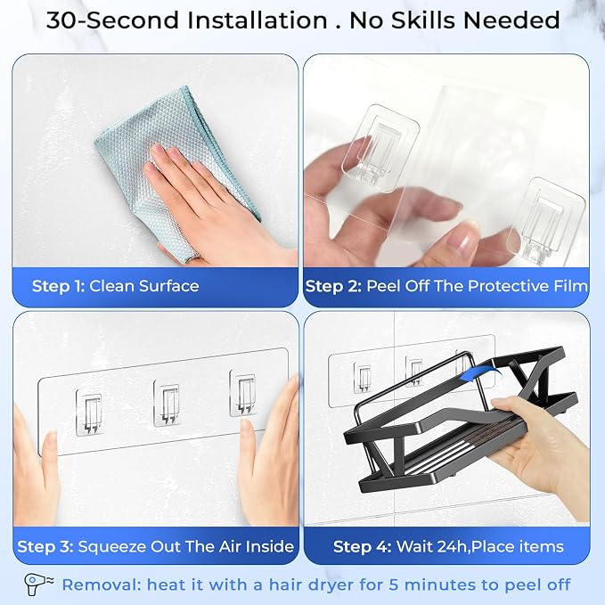 14 Pack Shower Caddy Adhesive Replacement Flat Strips, Heavy Duty Transparent Waterproof Hooks for Bathroom Storage Shelves, No-Drilling Sticky Wall Mount Hooks for Kitchen Organizers