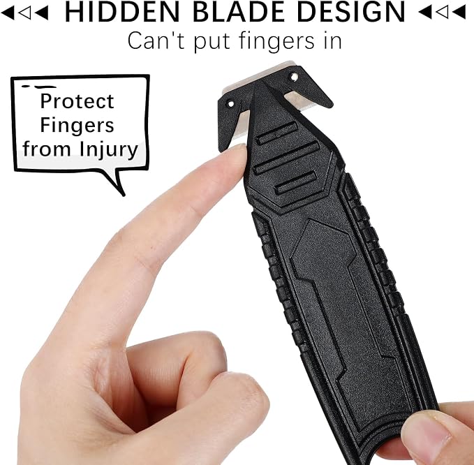 Therwen 50 Pcs Safety Box Cutter Knife of Stainless Steel Concealed Blade Package Opener with Tape Splitter for Carton Cardboard Wrap Letter Work Bag Straps Film Utility Tool (Black)