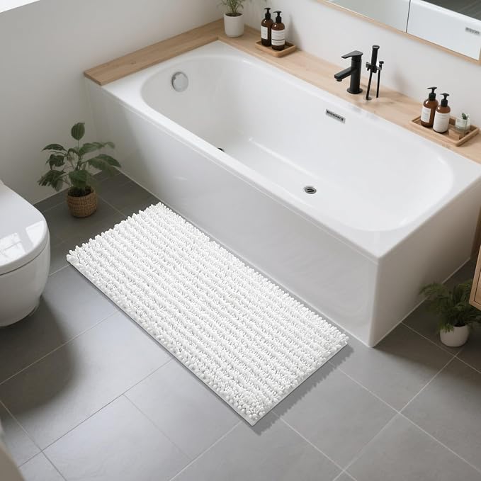 Yimobra Long Bathroom Rugs Non Slip Washable 44x24 Inch - Ultra Soft Absorbent Chenille Bath Mat, Quick Dry Shaggy Floor Carpet for Tub Shower, White Home Decor Accessories