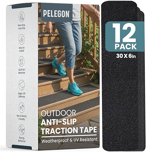 PELEGON Outdoor Stair Treads Non-Slip for Wooden Steps (12 Stairs) 6"x30" Heavy Duty Waterproof Anti Slip Traction Tape, Black Grip Tape Treads Outdoor for Wood, Decks, Ramps