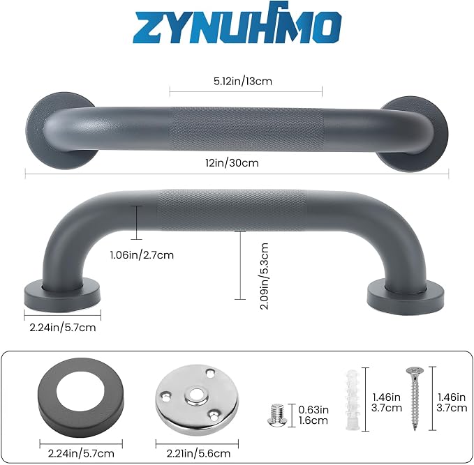 Grab Bars for Shower, Zynuhmo 2 Pack 12 Inch Anti Slip Stainless Steel Bathroom Safety Shower Grab Bar Handrails for Handicap Injury Pregnant Senior Assist Shower Handles(Gun Grey, 1.25" Diameter)