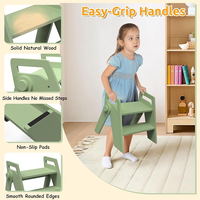 Wooden 2 Step Stool for Toddler Kids Bathroom Foldable 2-Step for Toilet Potty Training, Child Stepping Stool for Kitchen Nursery Bedroom Green