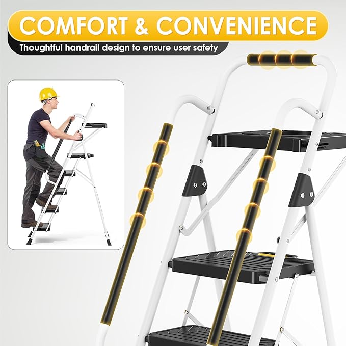 TOOLF 5 Step Ladder, Sturdy Steel Step Stool with Tool Platform, Anti-Slip Wide Pedals, Handrail, Safe-Lock Design, Folding Portable Ladder for Home, Kitchen, Pass 800lbs Load Testing, White