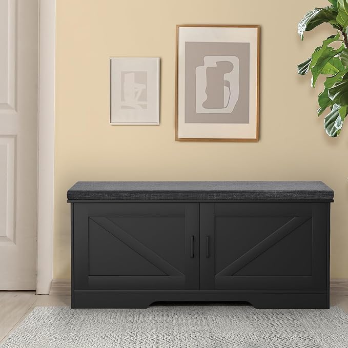 HOMSHO 2-Tier Storage Bench, 39.4" Wide Shoe Bench with Padded Seat Cushion, Entryway Bench with 2 Barn Doors and Adjustable Shelf, Black