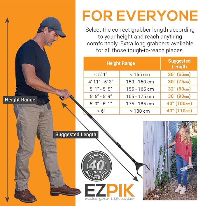 EZPIK Classic 40” Folding Grabber Reacher Tool with Dual Magnets, Heavy Duty Trash Picker Upper Grabber for Seniors & Disabled Users, Aluminum Pickup Tool for Everyday Reaching Aids (Black)