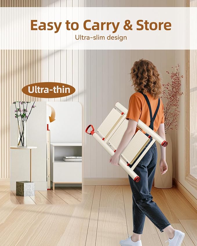 ASPERALD 3 Step Ladder with handrails,Foldable Step Stool with Anti-Slip Wide Pedals for Home Kitchen Closet,3 Step Ladder Folding Step Stool Long Handle Beige