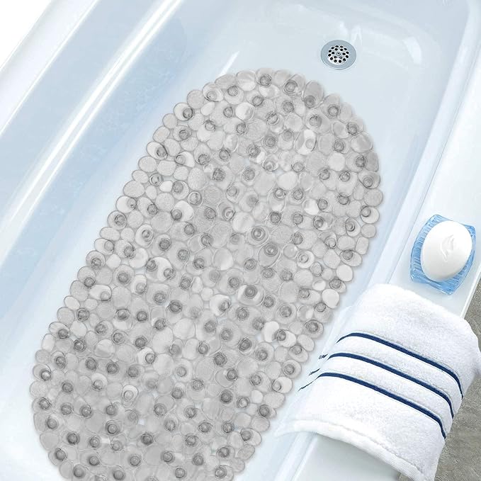 WELTRXE Pebbles Bathtub Mat Non Slip Oval Shower Mat with Suction Cups, Drain Holes, 27 x 14 Inch Plastic Bathroom Tub Mats Machine Washable, BPA, Latex Free Safety Mat for Bath Tub, Clear Gray