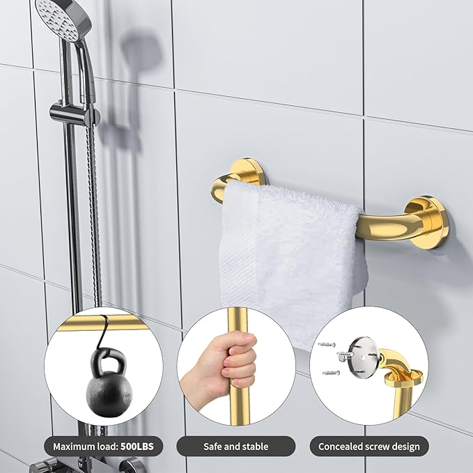 12 Inch Stainless Steel Shower Grab Bar, ZUEXT Gold Shower Handle, Bathroom Balance Bar, Safety Hand Rail Support Bar for Handicap Elderly Injury, Senior Assist Bath Tub Wall Concealed Mount Handle