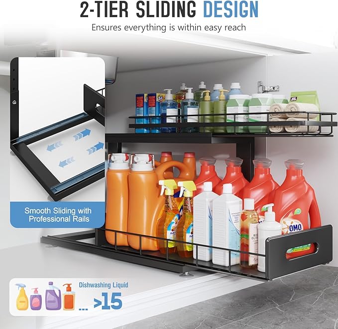Under Sink Organizer Upgrade To Professional Rails,2-Tier Dual Pull Out Cabinet Storage,Height Adjustable Slide Out Drawers For Bathroom Kitchen,2 Pack-21"Dx12.8"-16.9"H,Black