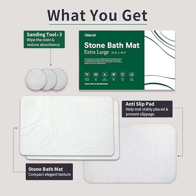 XMarrat Large Stone Bath Mat 2 Pack, 31.5'' x 19.7'' Super Absorbent Diatomaceous Earth Bath Mat Large, Quick Drying Non-Slip Diatomite Stone Bath Mats for Bathroom, Easy to Clean