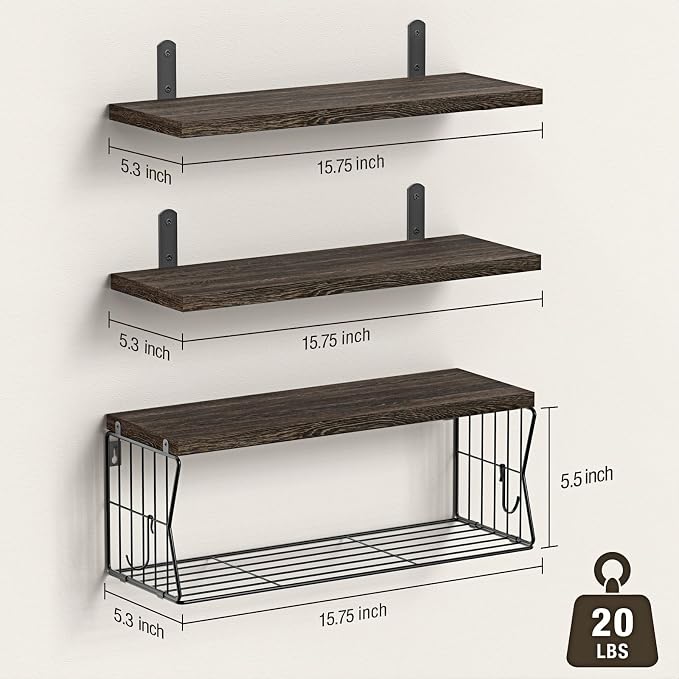 Floating Bathroom Shelves Wall Mounted - Wooden Shelf Set of 3 for Over Toilet Storage & Farmhouse Bathroom Decor - Perfect Shelving Organizer for Apartments RVs Powder Room Restroom - Rustic