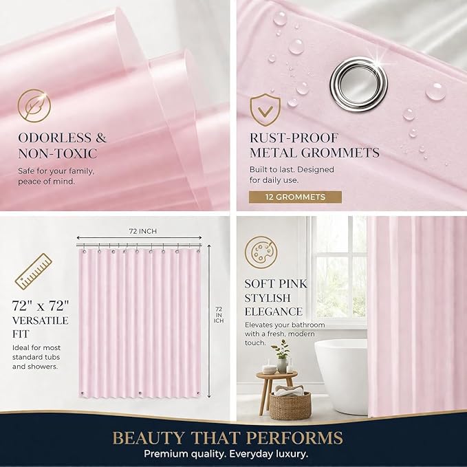 EHZNZIE Pink Shower Curtain Liner 72x72, PEVA Waterproof Bath Curtain, No Chemical Smell, 3 Weighted Magnets, Durable with Rustproof Metal Grommets