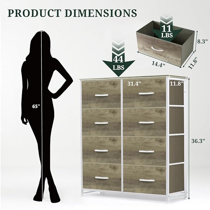 8-Drawer Dresser for Bedroom, Anti-Tip Tall Storage Organizer Chest of Drawers with Wooden Top and Metal Frame Fabric Bins for Closet, Living Room, Hallway, Entryway, Greige Oak