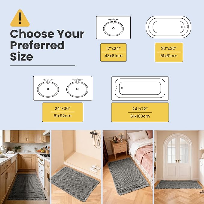 Waffle Bath Mat - Non Slip Bathroom Rugs - Washable Super Absorbent & Quick Dry Bath Mats with Tassels for Hallway Bedroom Laundry Room,17" x 24",Dark Gray