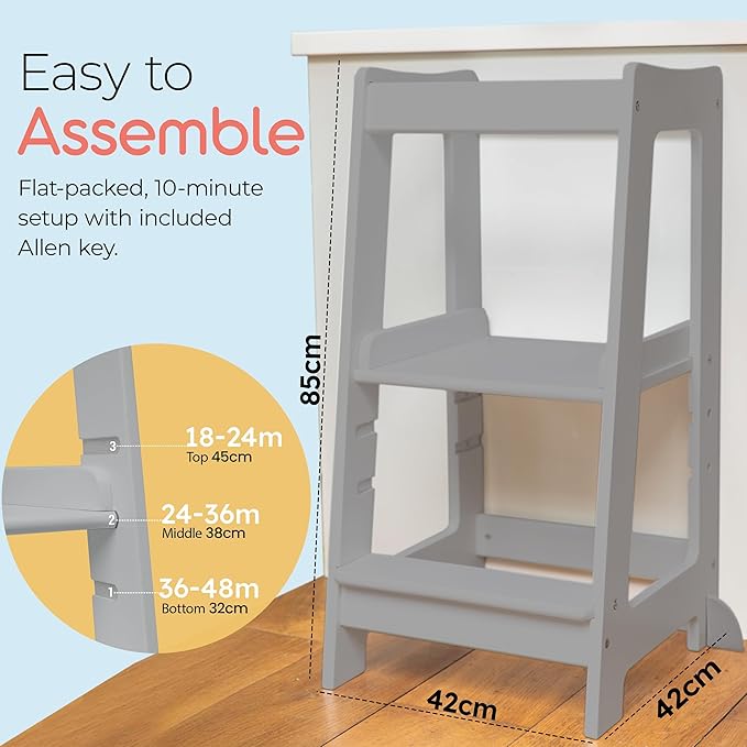 Stepup Baby Toddler Standing Tower - 3 Level Adjustable Wooden Kitchen Step Stool, Bathroom Sink, Kitchen Counter, Kids 18 Months to 4 Years Gift - Gray