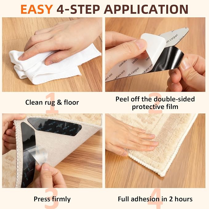 Rug Grippers 24PCS, Trapezoid Non Slip Rug Pads, Reusable Washable PU Carpet Tape, Strong Adhesive Rug Corner Tape for Hardwood Floors Tile Laminate Marble, Black