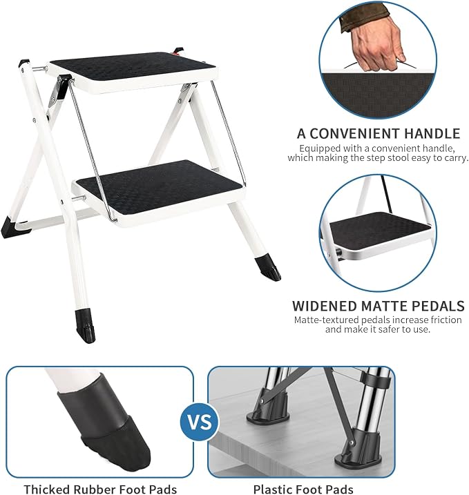 2 Step Stool Folding Step Ladder with Anti-Slip Base and Wide Pedal, Lightweight Sturdy 330 lbs Portable Step Stool for Kitchen Pantry Closet Office Garage Travel Indoor Outdoor Use, White