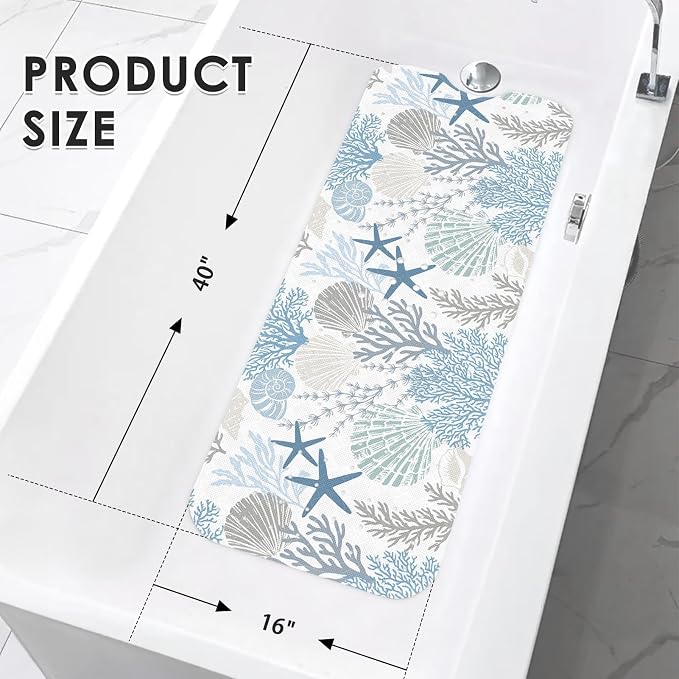 Sea Shells Coral Seashell Bath Mat Non Slip, Starfish Underwater 40X16 Inch Extra Long Bathtub Shower Mat for Tub Anti Slip with Suction Cups and Drain Holes for Kid Adult Elderly