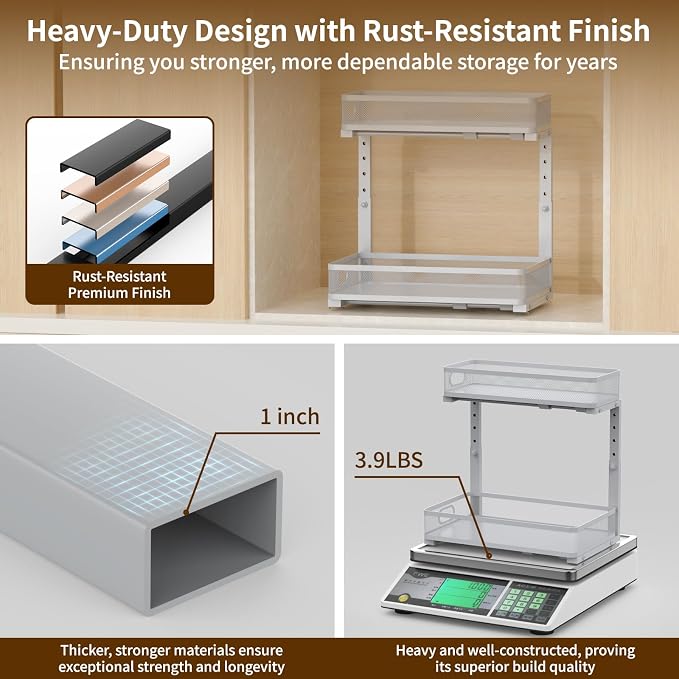 Under Sink Organizer 2 Pack, 2-Tier Slide Out Cabinet Organizer with Metal Sliding Drawer and Hooks, Pull Out Storage Baskets for Kitchen Bathroom Pantry Cabinet Organization (grey)