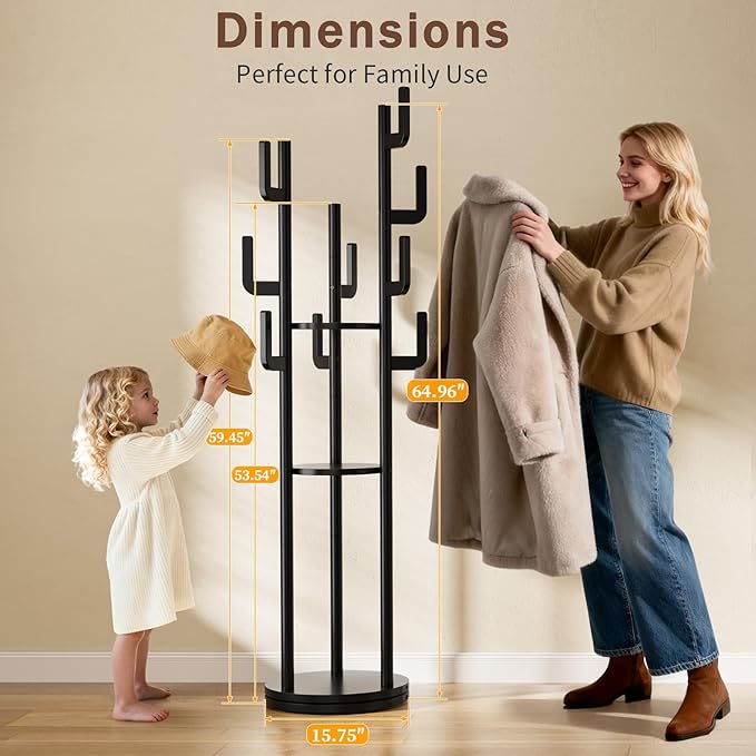 Yoobure Rotary Coat Rack Freestanding - Solid Wood Coat Tree with 9 hooks & 3 Storage Shelves for Purse, Bag, Jacket, Hat, Corner Hanger Stand Racks for Hall, Entryway, Office, Clothes Holder, Black